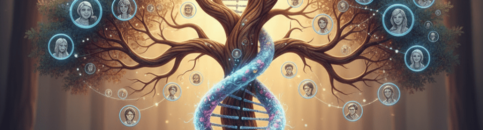 Stylized family tree with DNA helix and glowing portraits representing ancestral lineage.