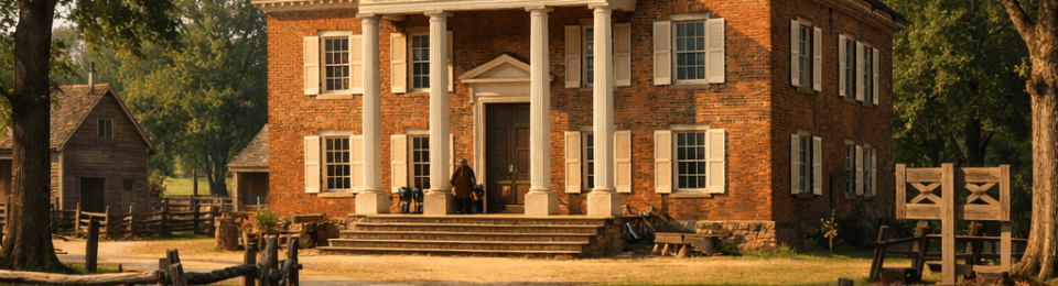 Colonial-style brick courthouse with white columns and bell tower