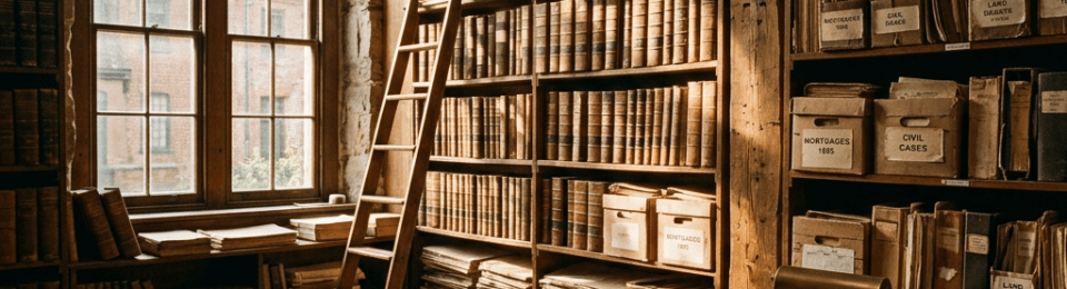 Archive room with wooden shelves holding old books and boxes labeled with document types