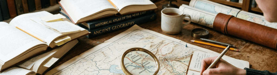 Person examining an ancient world map with magnifying glass and writing notes in a journal