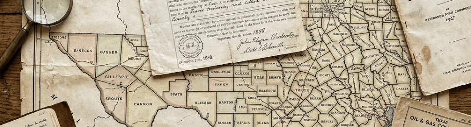Antique map of Texas with county divisions, old deeds, letters, and a magnifying glass on a wooden table
