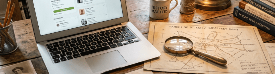 Workspace with genealogy documents, vintage photos, family tree chart, magnifying glass, and laptop showing ancestry profiles.