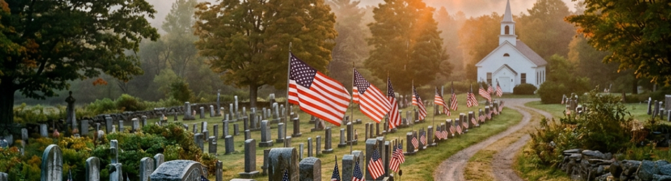 Gravestones with American flags in a cemetery at sunrise