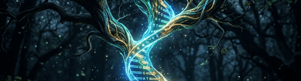 A glowing DNA double helix intertwined with the trunk and branches of a tree in a dark forest