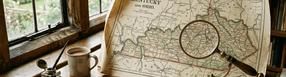 Old wooden desk with vintage world map, magnifying glass, expedition notebook, handwritten papers, ink pot, and mug.