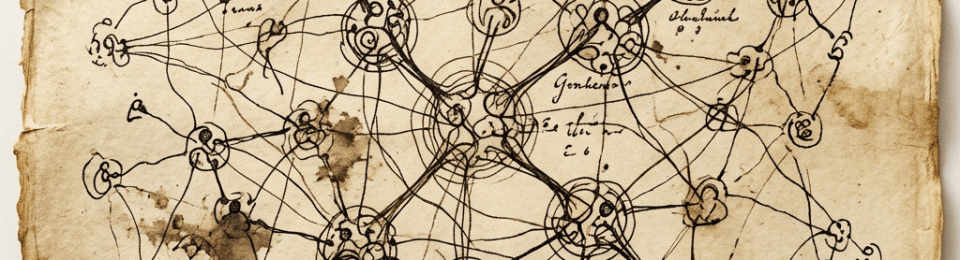 Hand-drawn interconnected network diagram with loops and nodes on aged paper