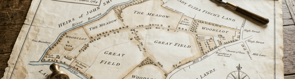 Antique map of Oakley estate lands with compass, quill pen, ink pot, and drafting tools
