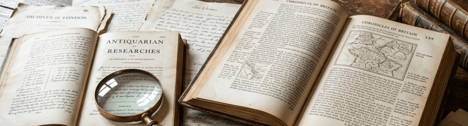 Antique desk with open history books, manuscripts, magnifying glass, candle, and ink bottle