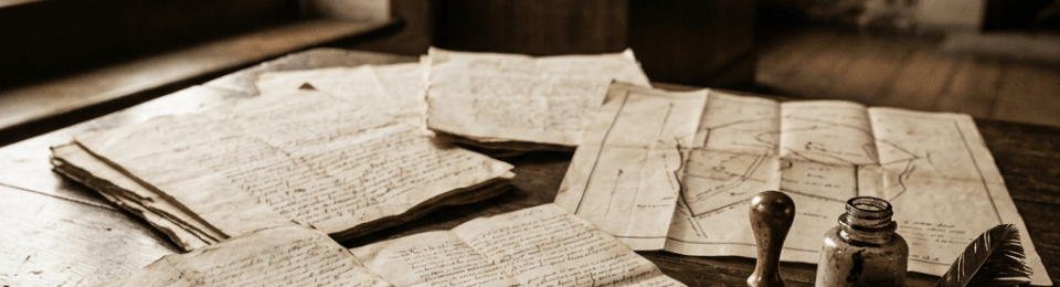 Old manuscripts, maps, ink, sealing wax, and quill on wooden desk