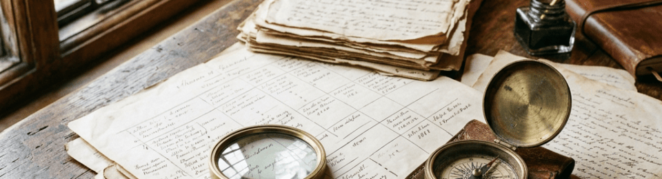Antique desk with manuscripts, magnifying glass, compass, and quill