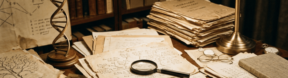 Vintage research desk with papers, books, lamp, and DNA model