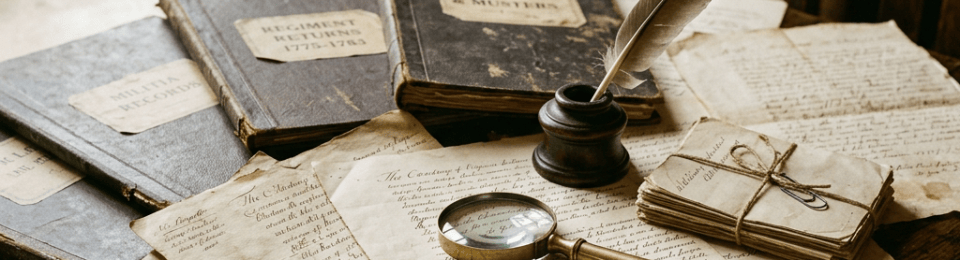 Antique ledgers labeled Recruitment Returns 1773–1783 and Claims, handwritten documents, quill, and magnifying glass