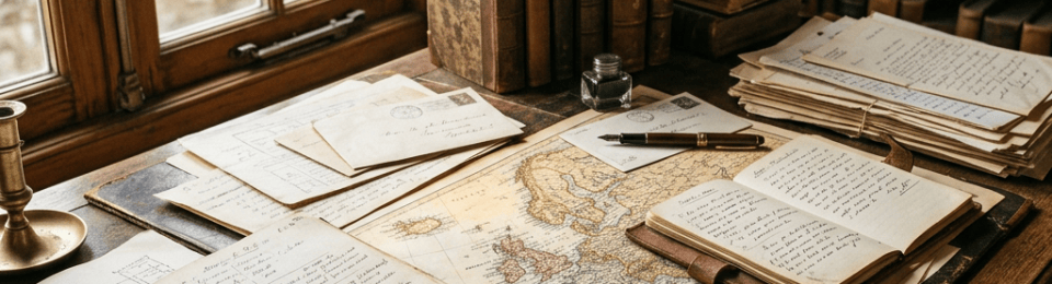 Atmospheric genealogy research desk with archival papers