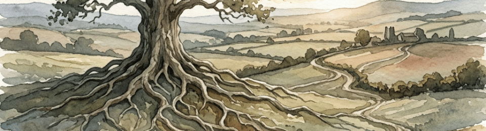 Watercolor of a large tree with exposed roots overlooking winding paths and fields
