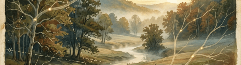 Watercolor river valley with glowing branching lines and dotted paths